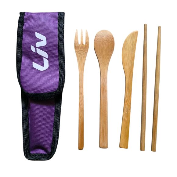 Liv Cycling Reusable BAMBOO Utensil Set Knife Fork Spoon Chopsticks w Pouch NWT - Picture 5 of 5